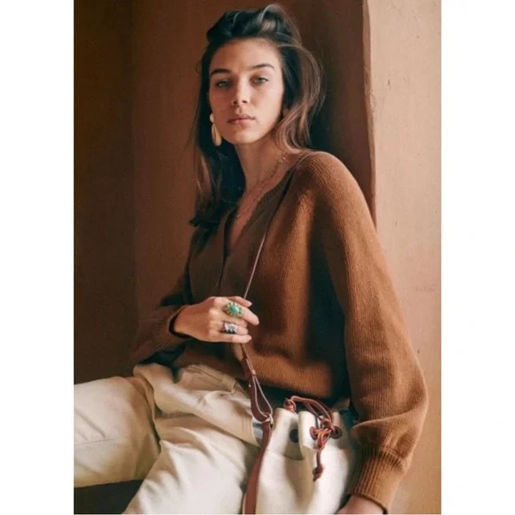 SEZANE Tan Brown Organic Cotton Button Balloon Sleeve Sweater Leontine Jumper - Picture 4 of 13